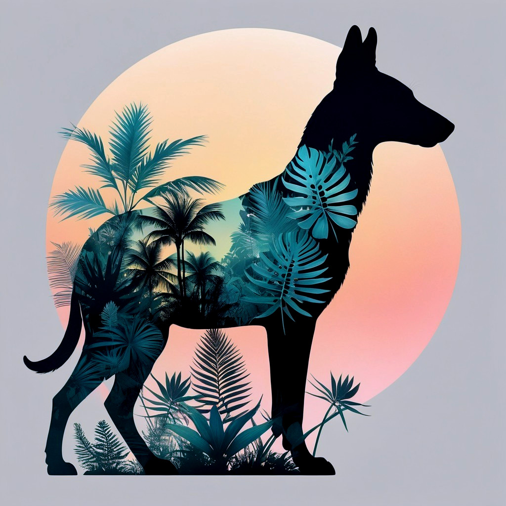 Dog Silhouette with Tropical Landscape Background