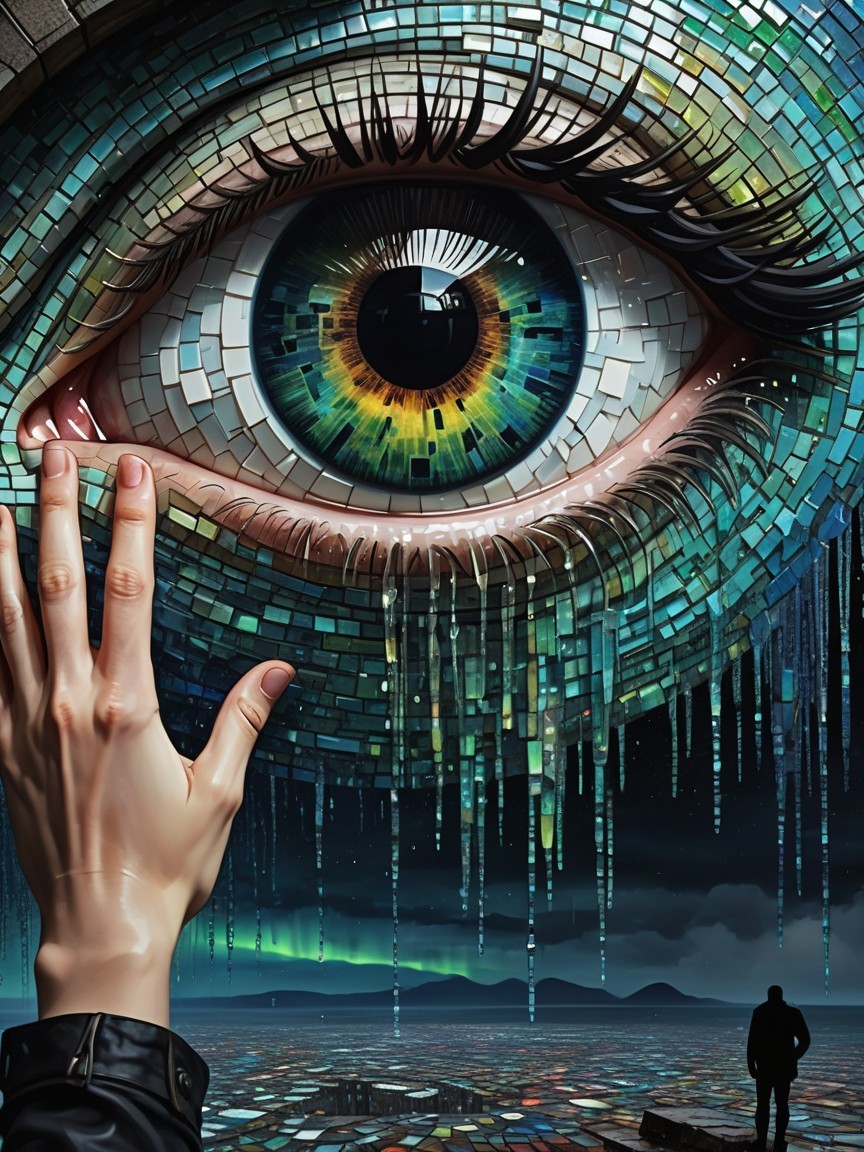 Surreal Mosaic Eye with Reflective Figure and Landscape