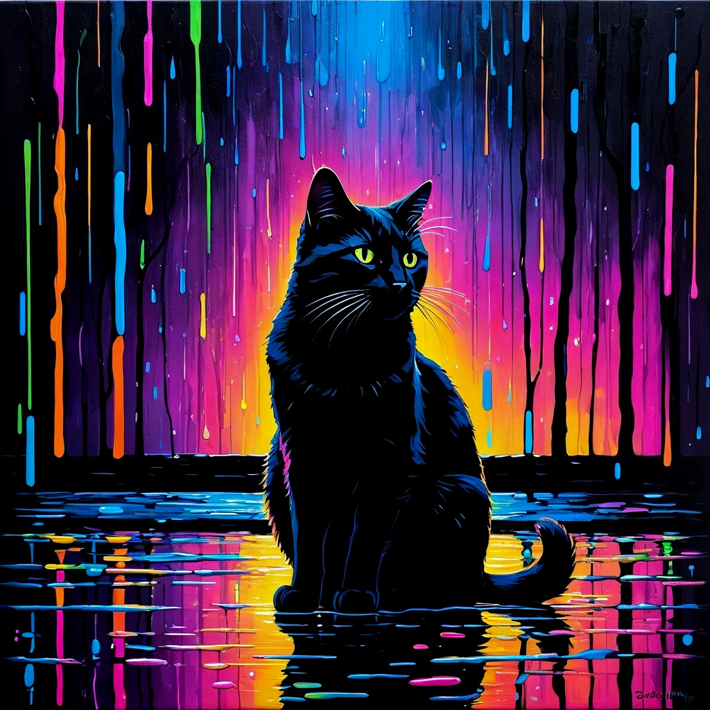 Black Cat Against Vibrant Neon Colorful Rain