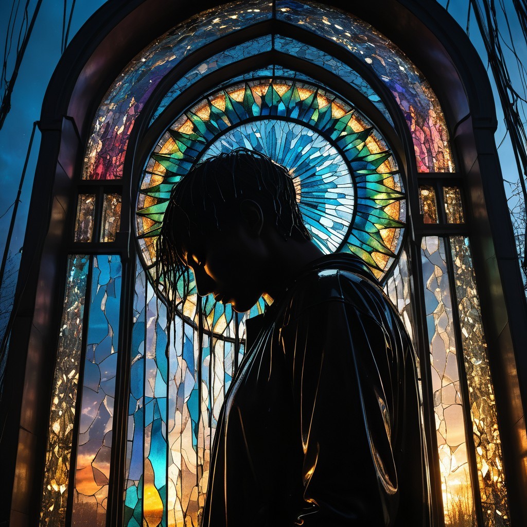 Silhouetted Figure Against Vibrant Stained Glass Window