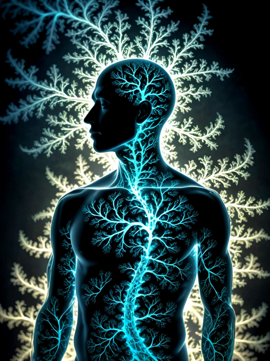 Silhouette with Glowing Blue Patterns on Dark Background