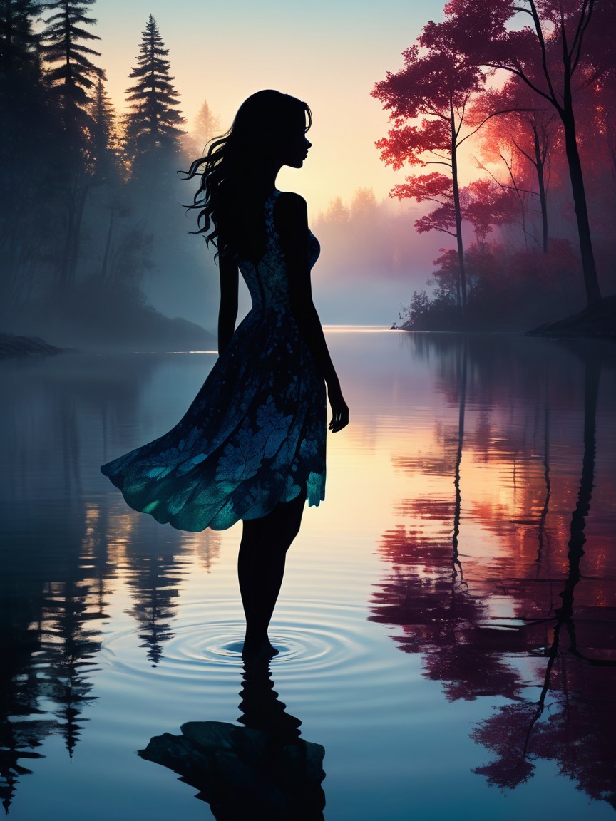 Silhouetted Woman in Tranquil Lake at Sunset