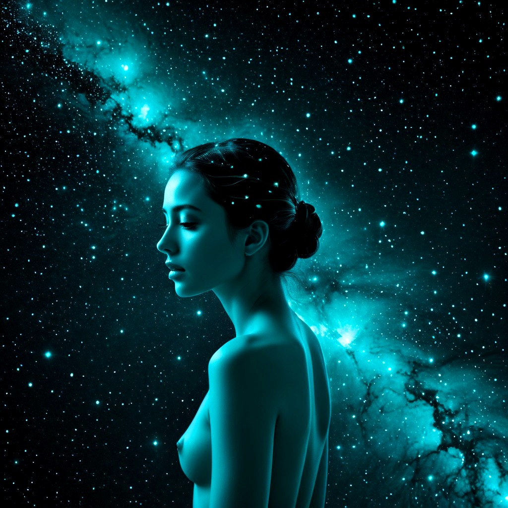 Silhouette of Woman Against Cosmic Galaxy Background