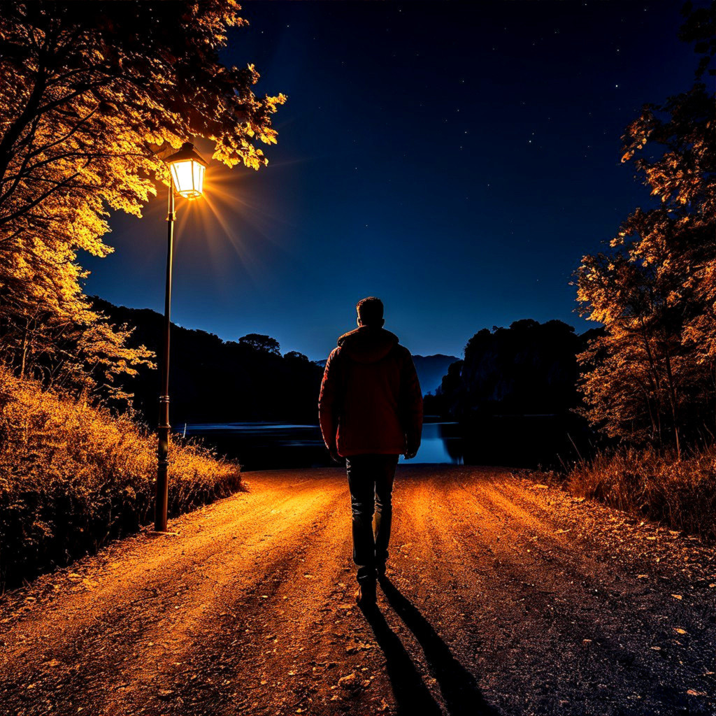 Solitary figure walking a gravel path by a lake at night