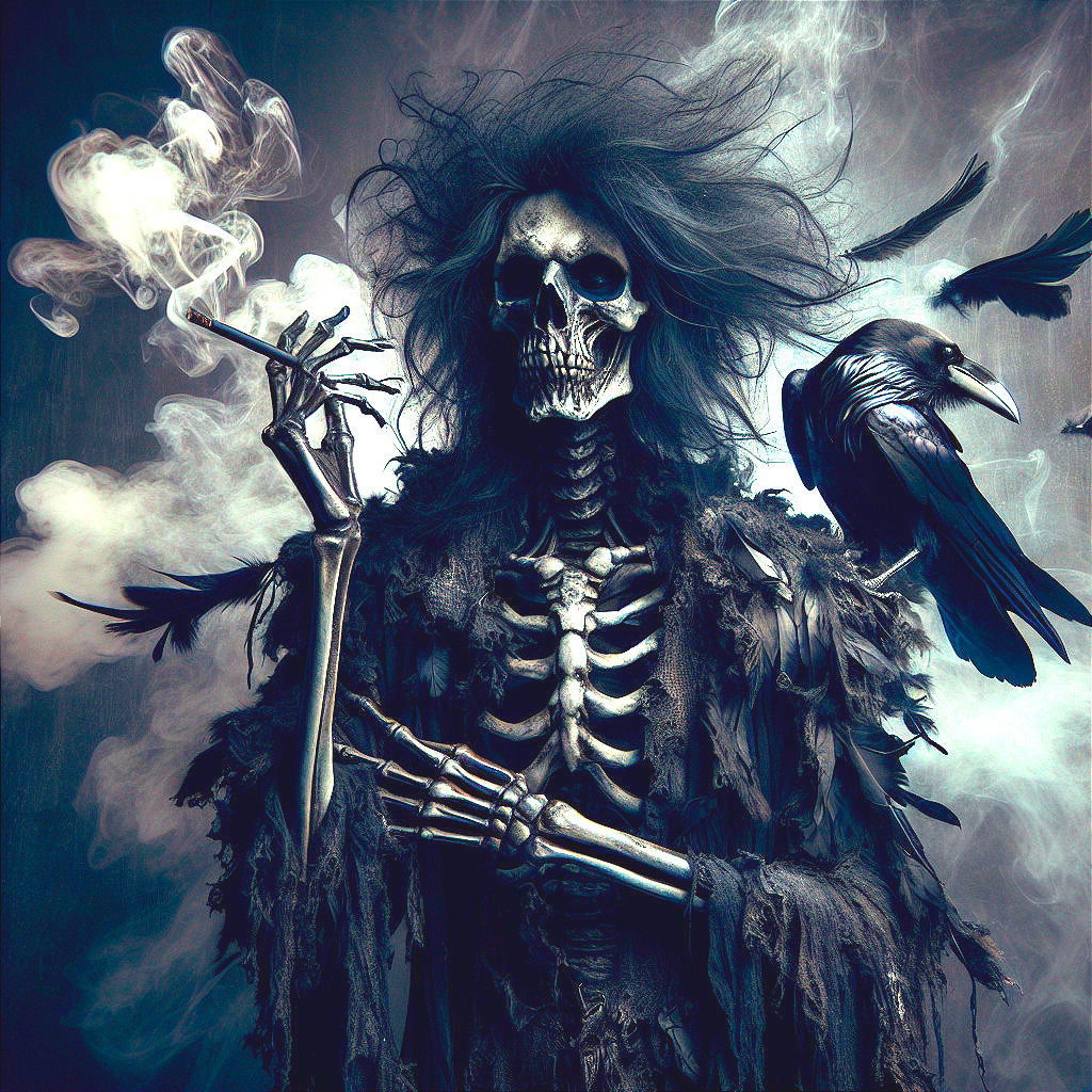Skeletal Figure in Smoke with Raven and Gothic Atmosphere