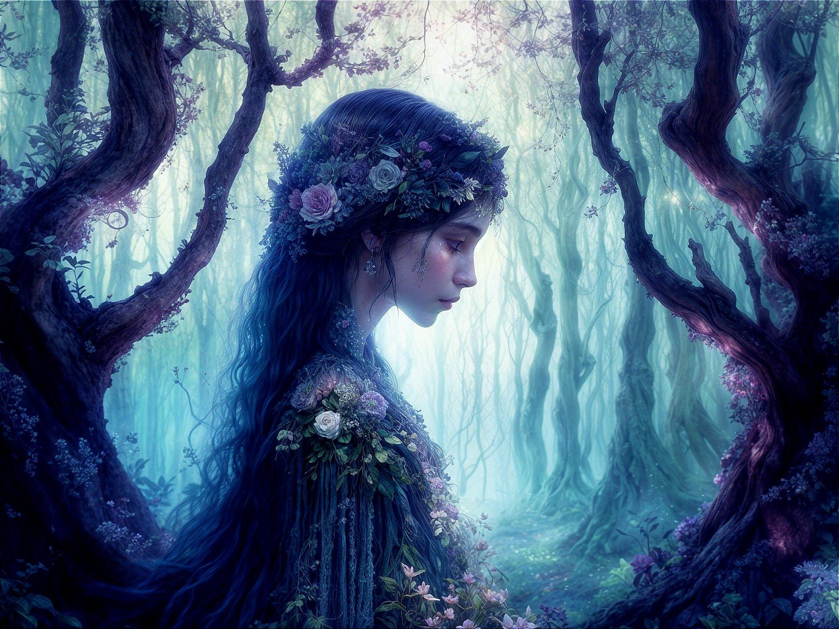 Serene Woman in Mystical Forest with Ethereal Light