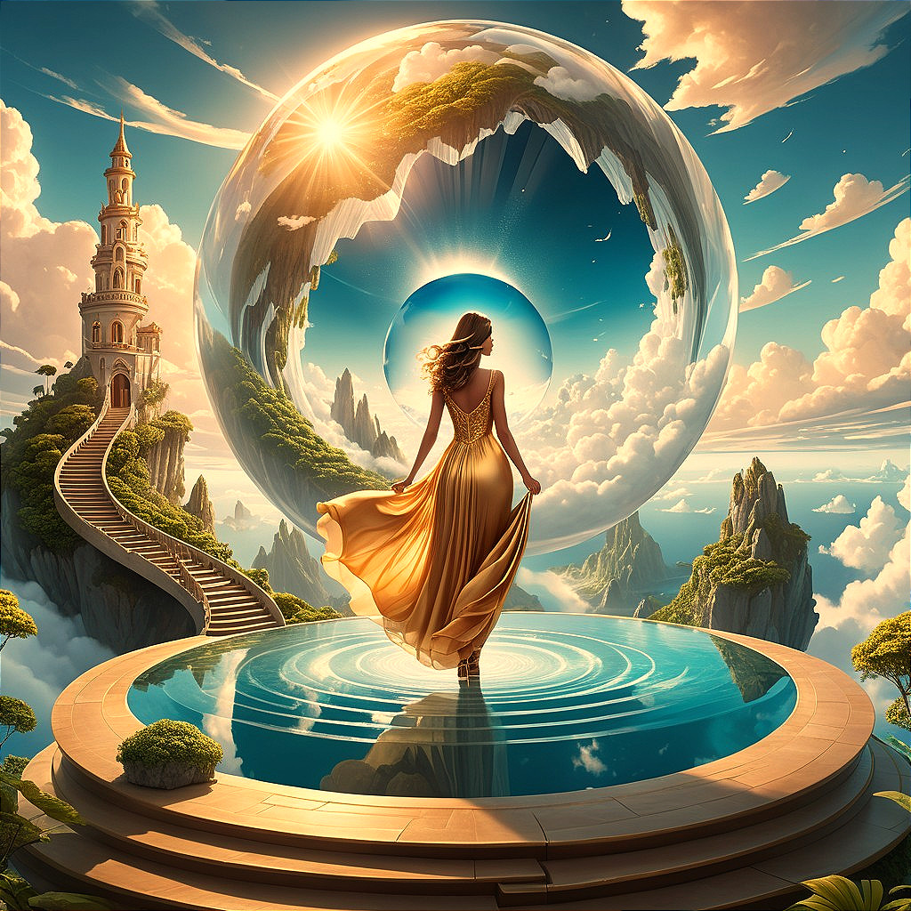 Majestic woman in golden dress by serene pool