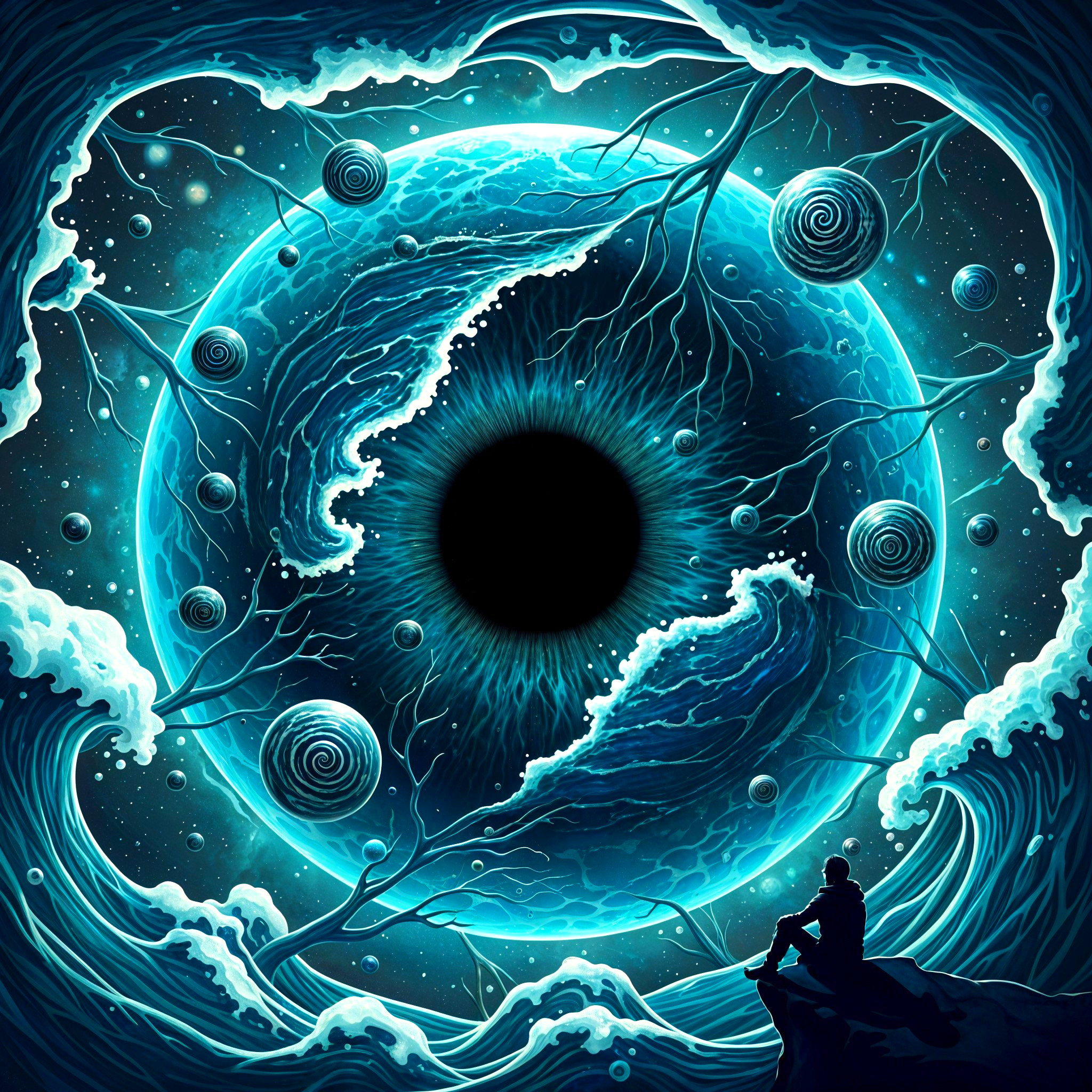 Surreal Cosmic Scene with Black Void and Figure