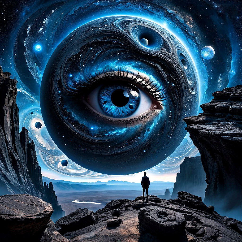 Giant Eye in Surreal Cosmic Landscape with Figure