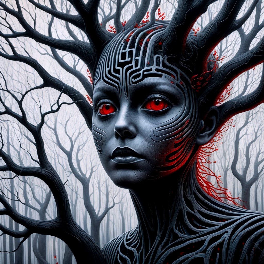 Surreal Figure with Human Face and Dark Tree Branches