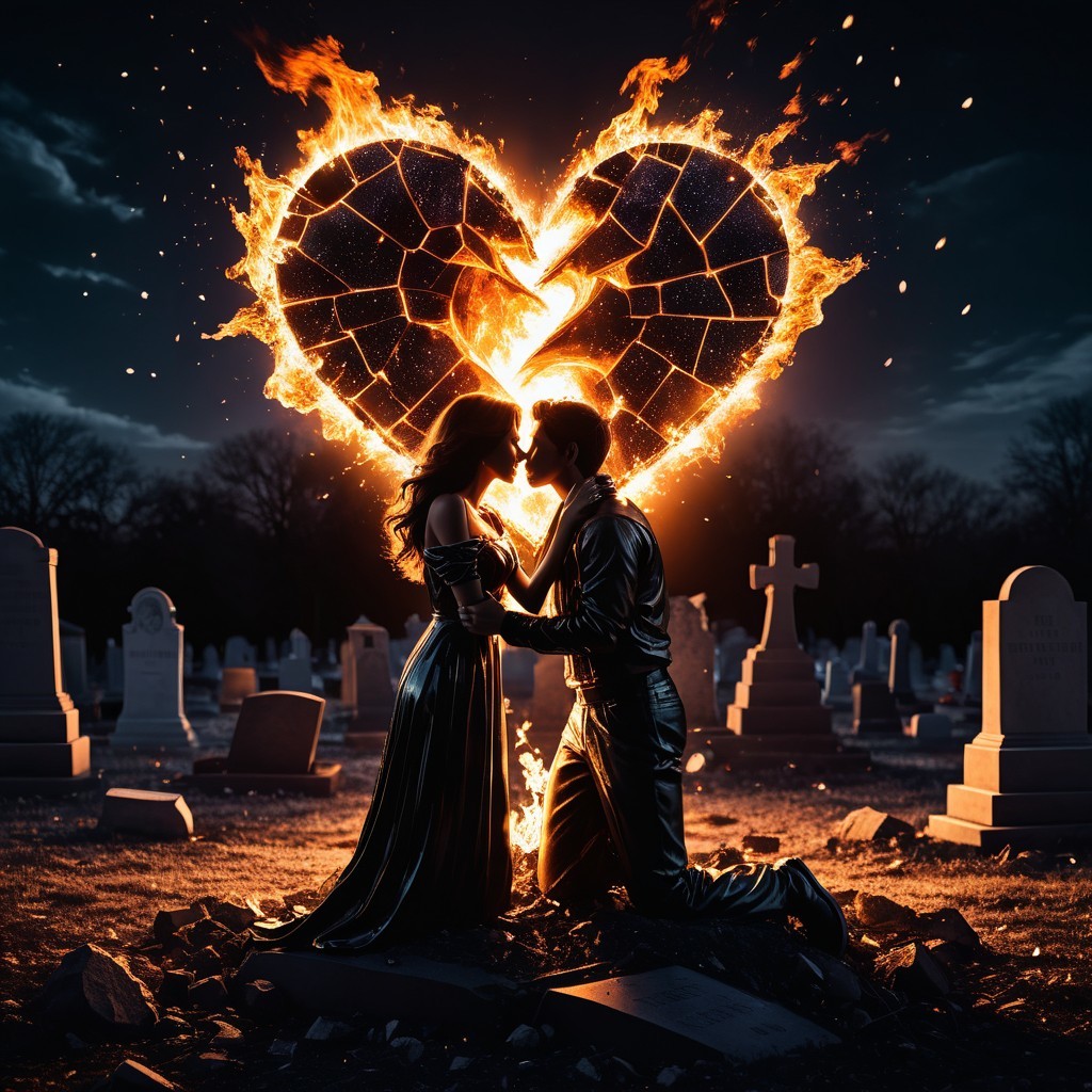 Couple Embraces in Fiery Heart at Graveyard Scene
