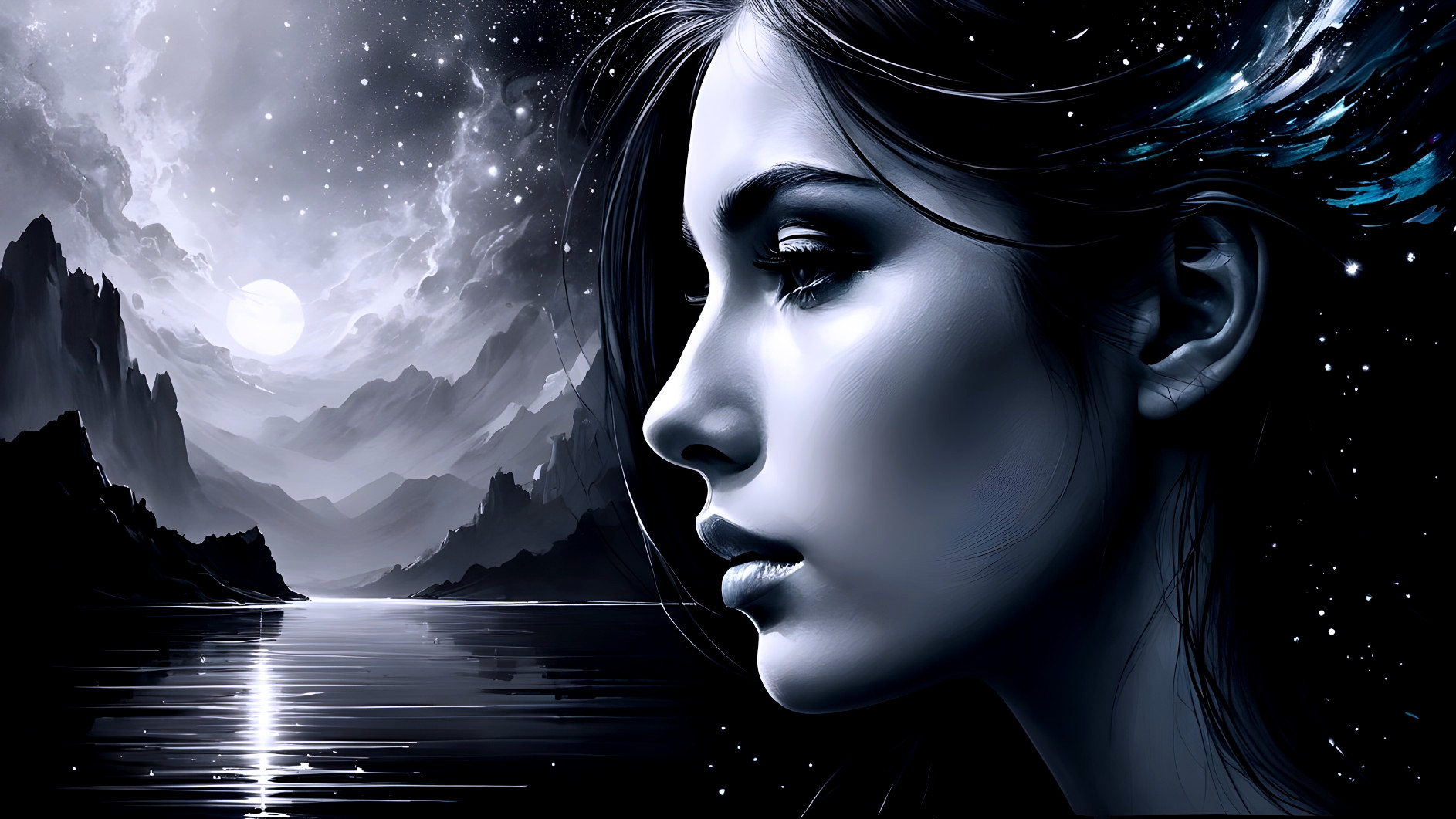 Profile of a Young Woman in Ethereal Landscape