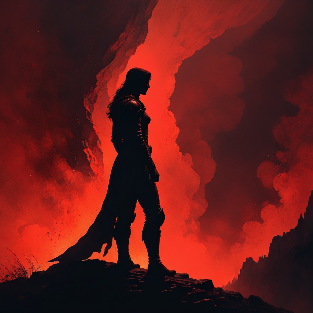 Silhouette of a female assassin in red smoke backdrop