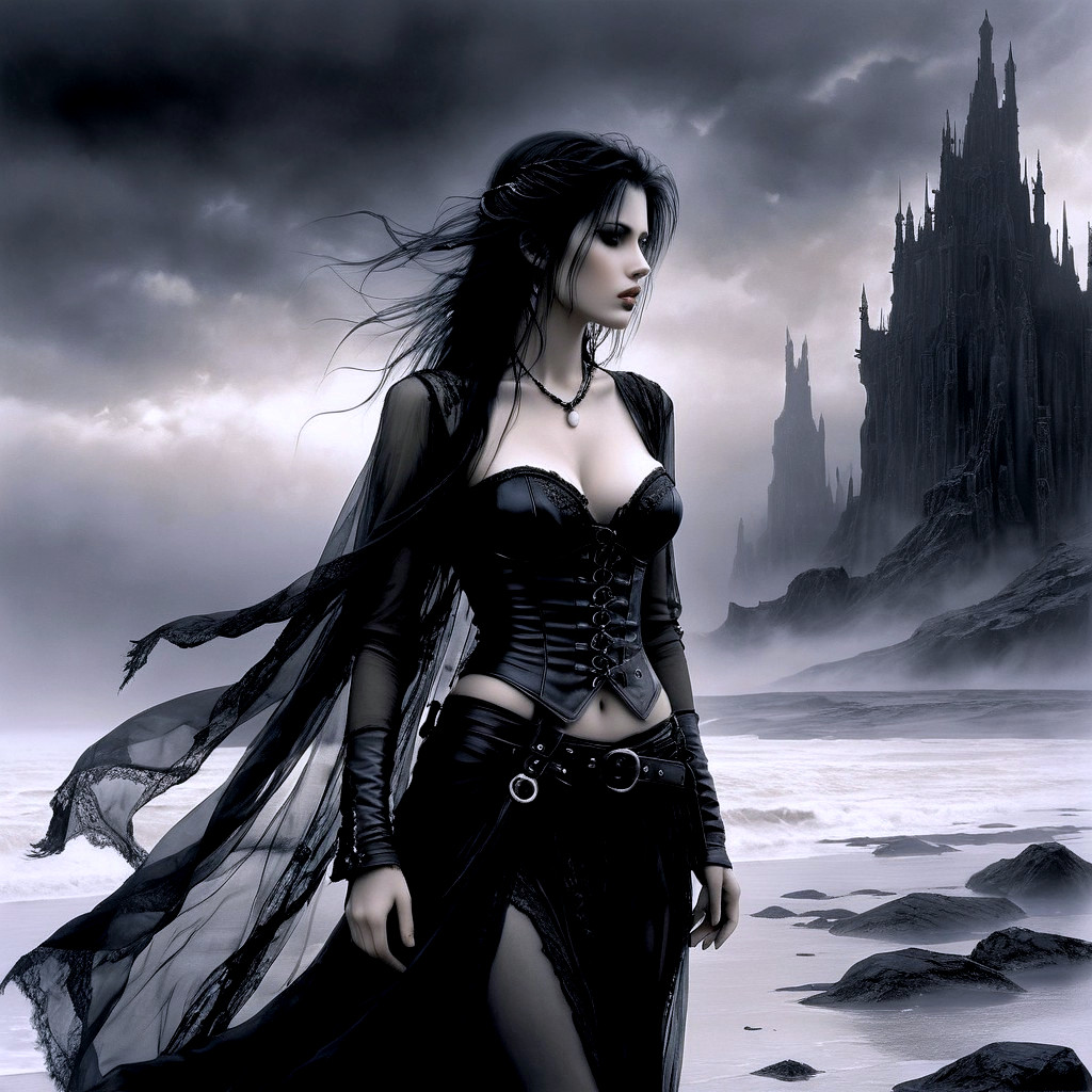 Mysterious Figure on Rocky Shore with Ominous Castle