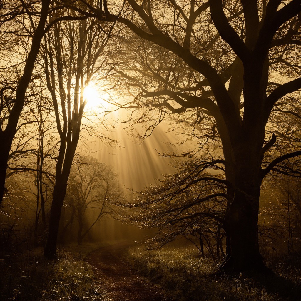 Sunlit Forest Scene with Towering Trees and Pathway