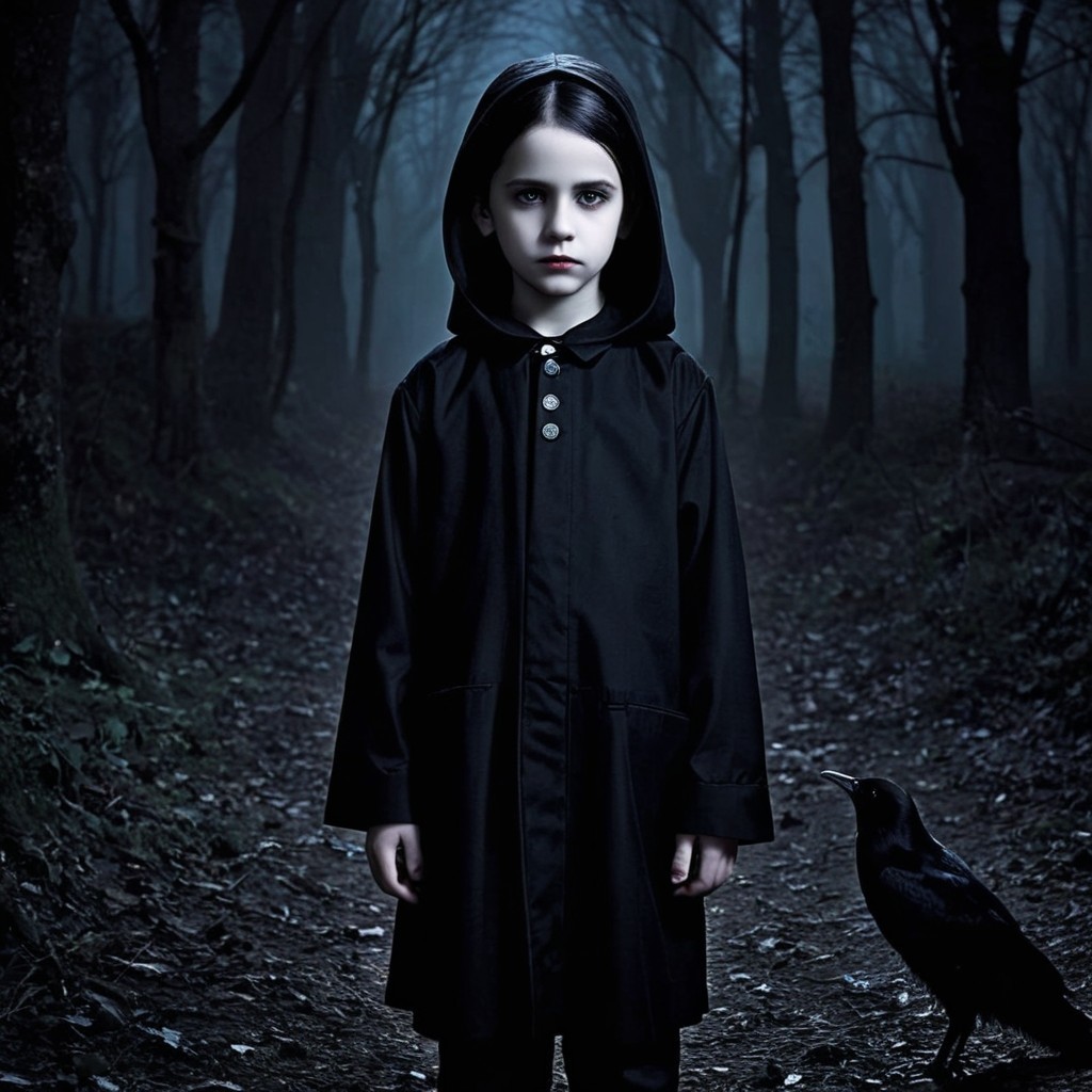 Pale Child in Black Coat in Dark Misty Forest
