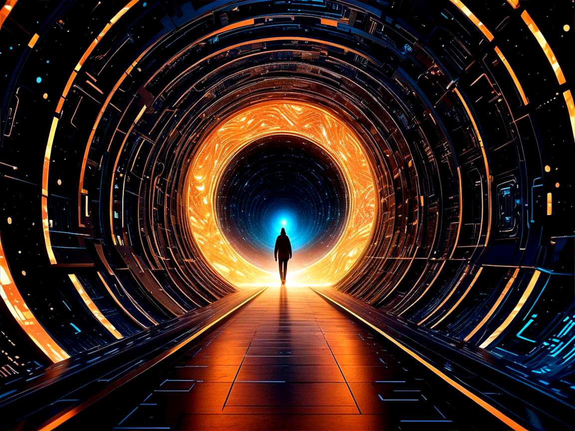 Surreal Corridor with Vibrant Vortex and Solitary Figure