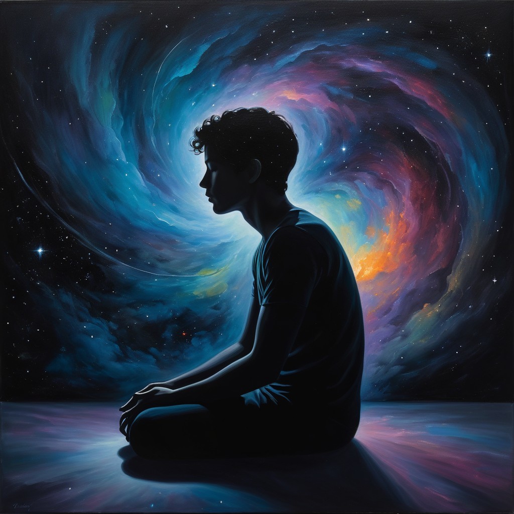 Silhouette Against Cosmic Backdrop with Galaxies