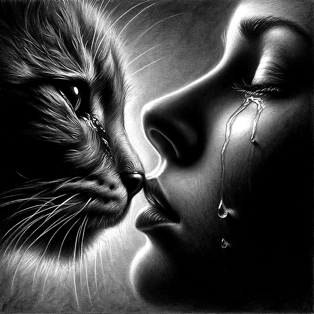 Black and white portrait of a woman and a cat