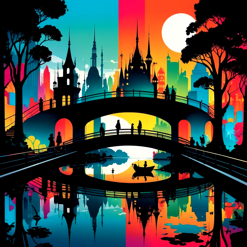 Whimsical Skyline with Castles and Colorful Sunset