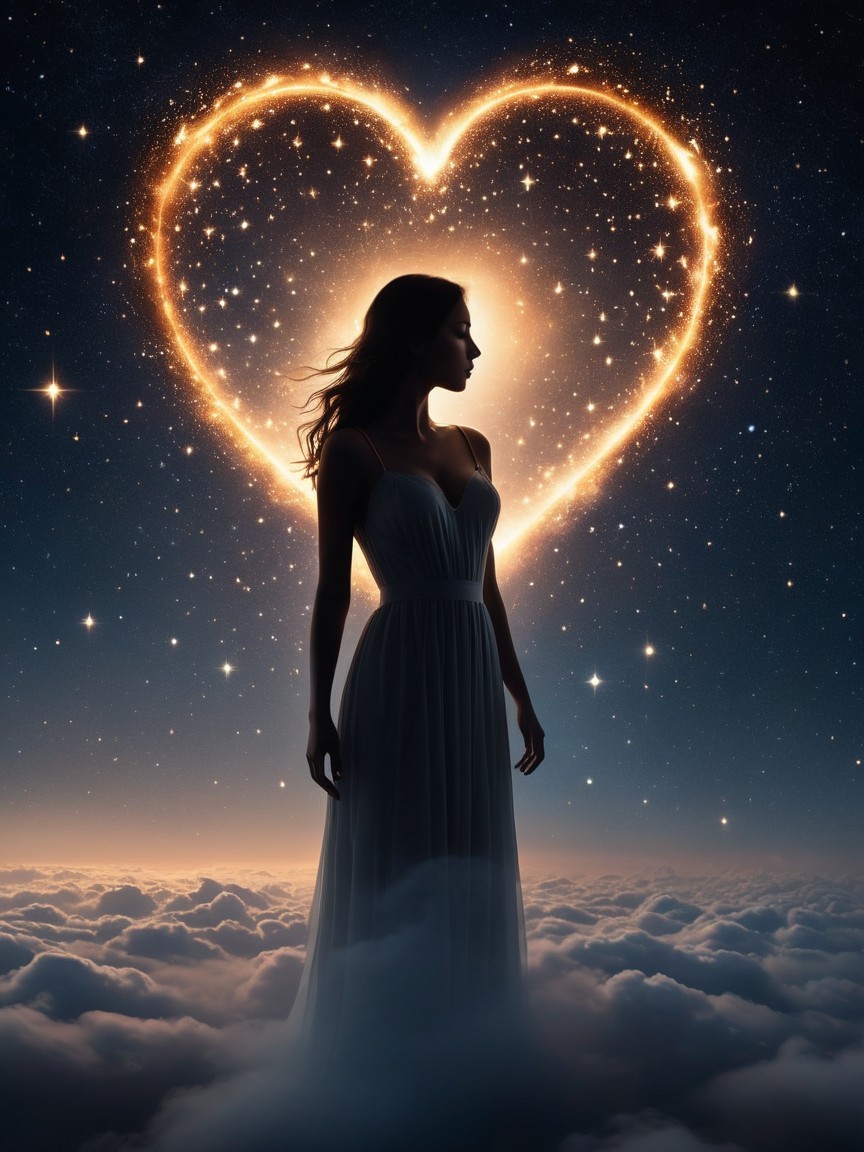 Silhouette of a Woman Among Clouds and Stars