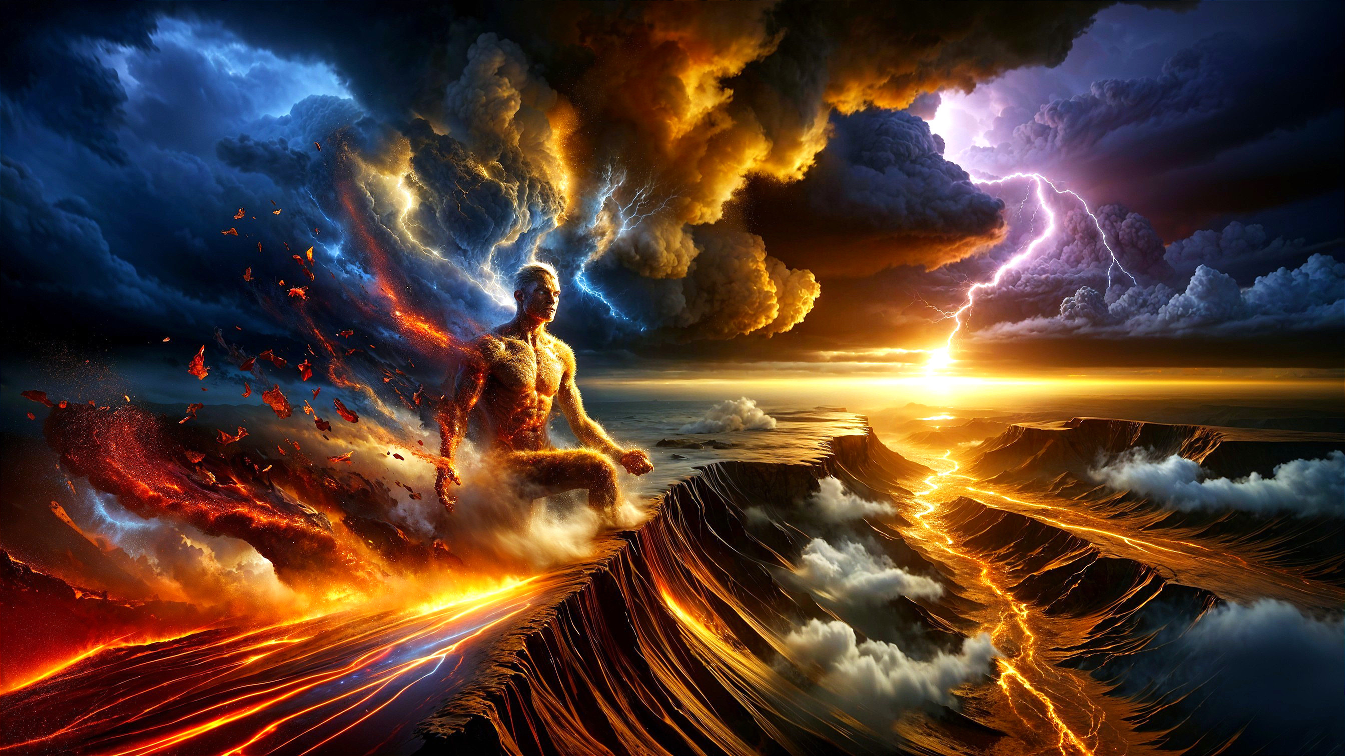 Mystical Figure on Lava Mountain with Dramatic Sky