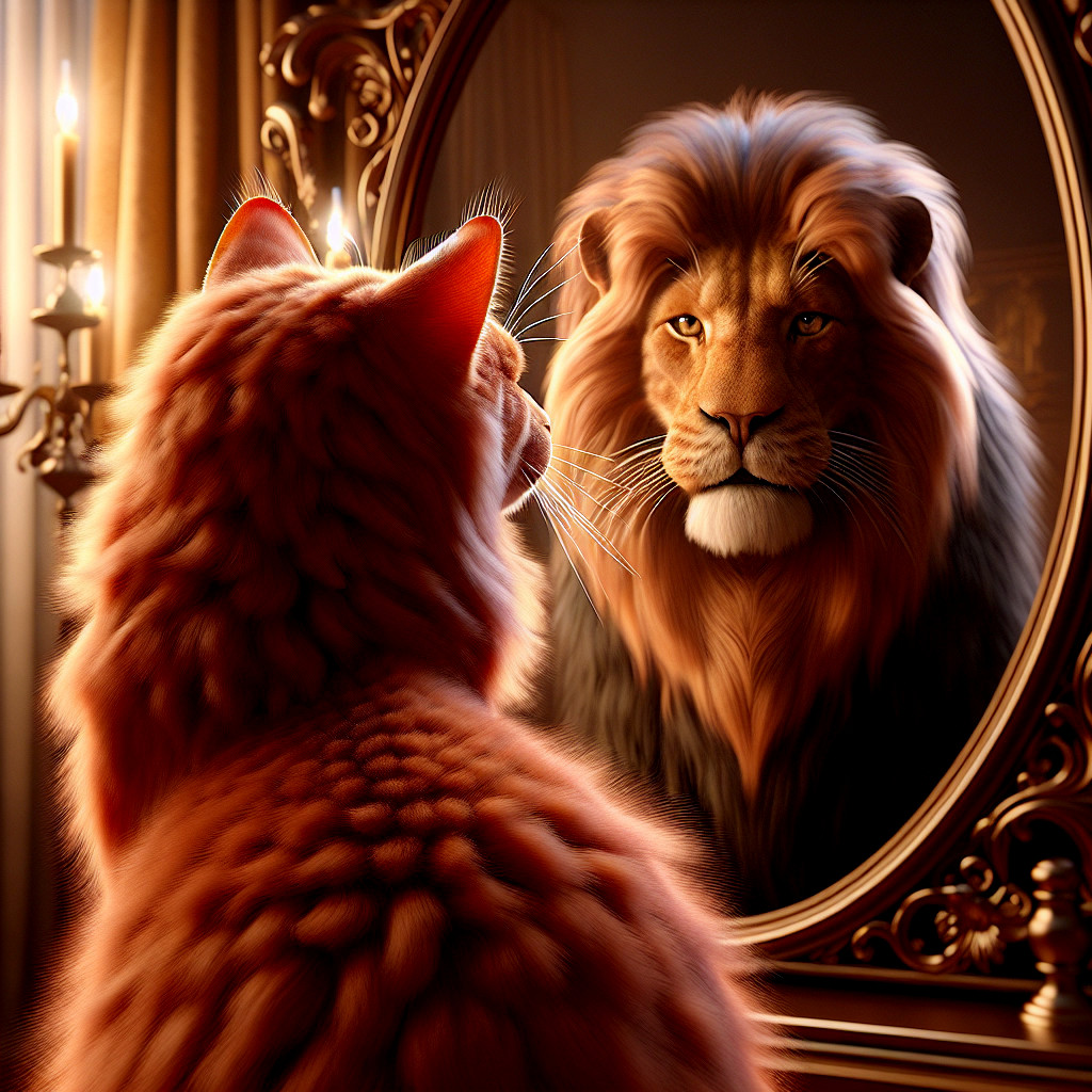 Orange Cat Sees Lion Reflection in Lavish Room