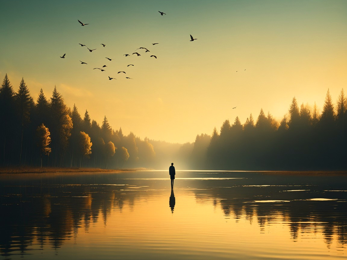 Tranquil Lake Landscape with Evergreen Trees and Mist