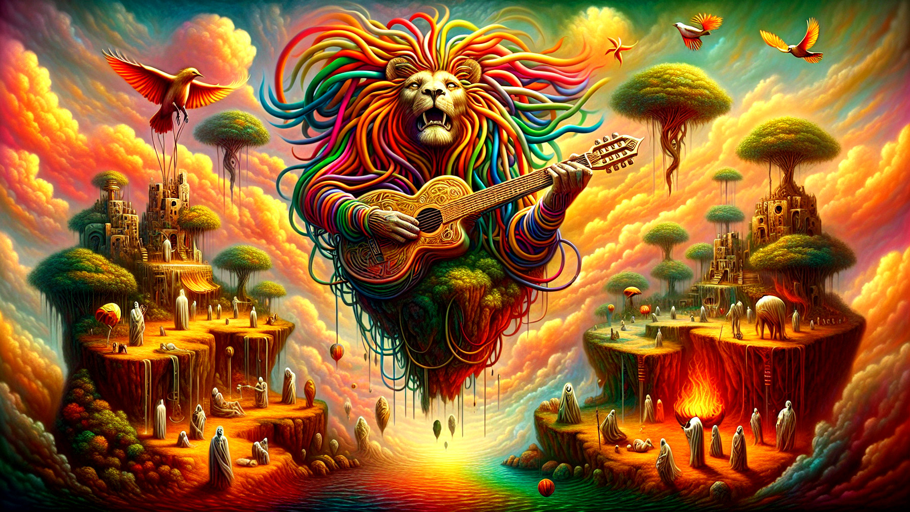Surreal Landscape with Lion Playing Guitar and Islands