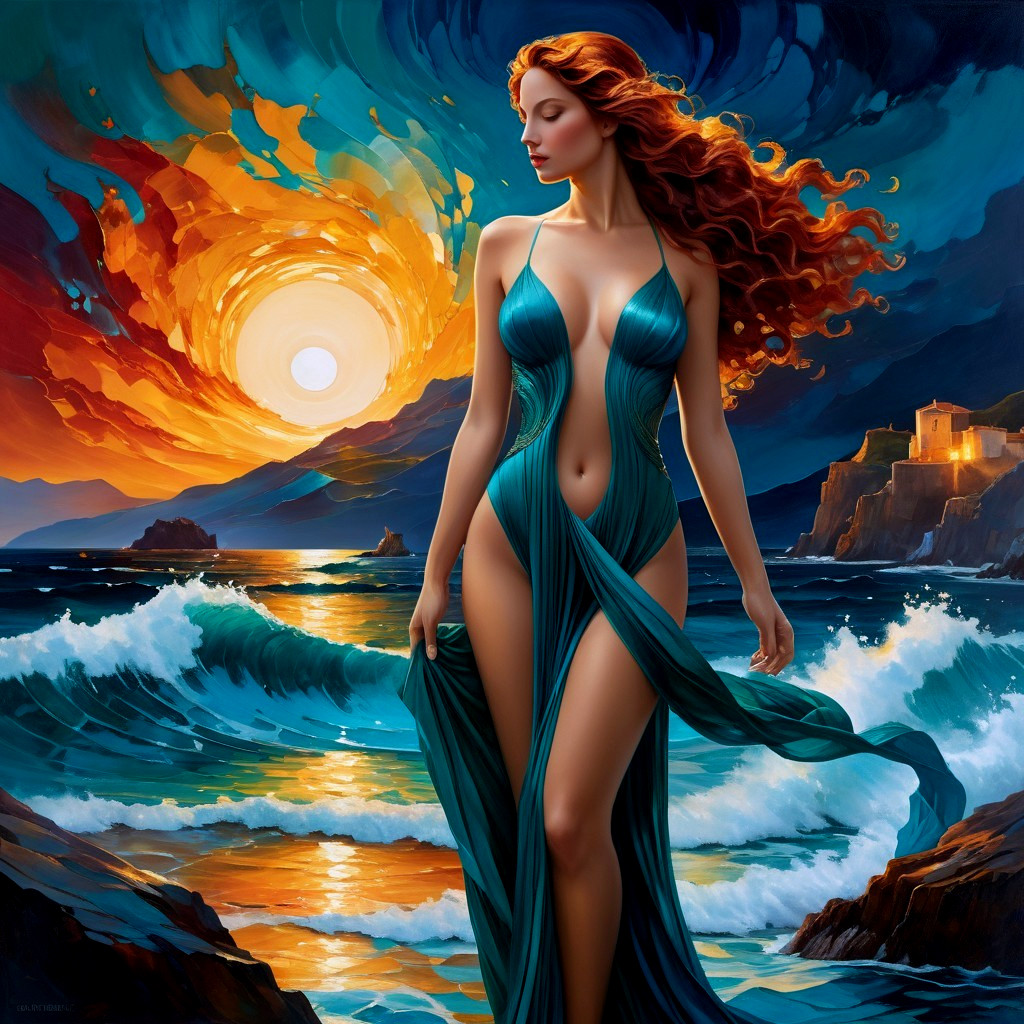 Woman in teal swimsuit by the ocean at sunset