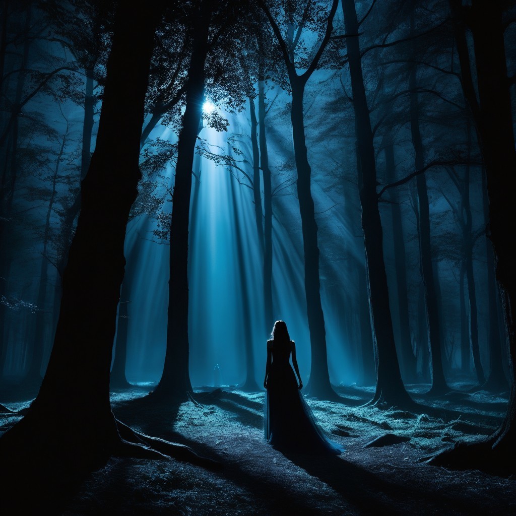 Lone Figure in Mystical Dimly Lit Forest Scene