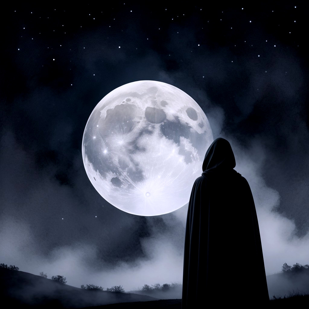 Cloaked Figure Silhouetted Against Full Moon and Stars