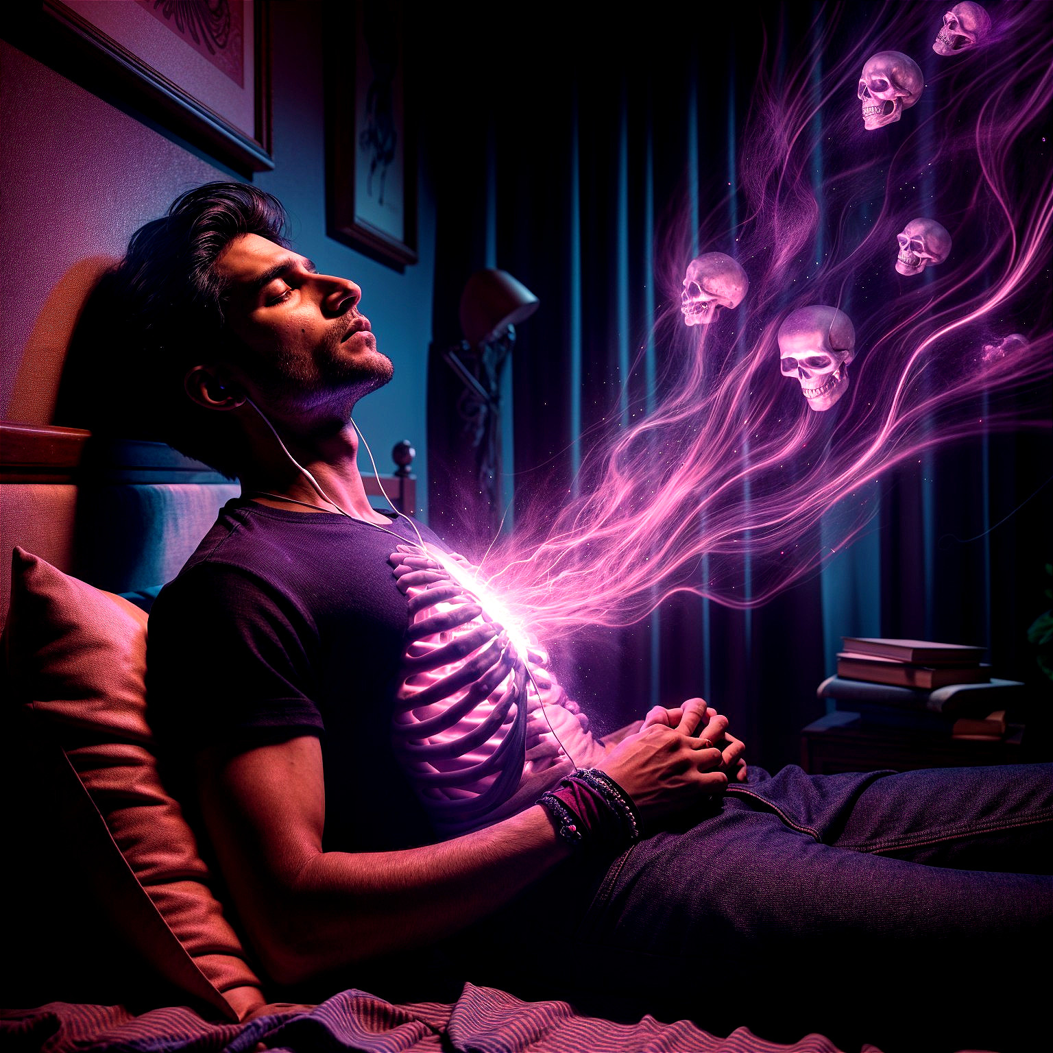 Young man in bed with glowing purple smoke and skulls