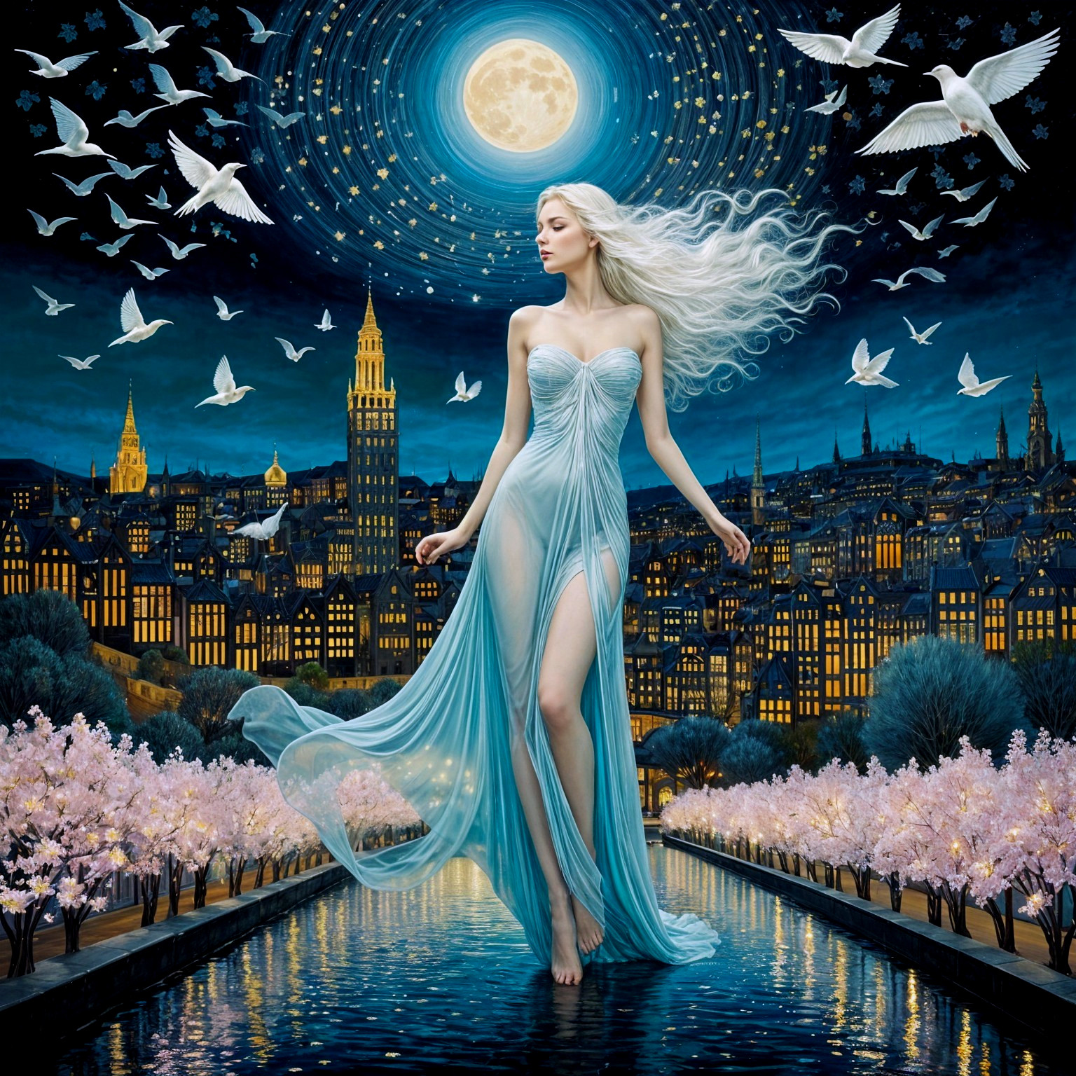 Mystical figure in blue gown by cherry blossoms at night