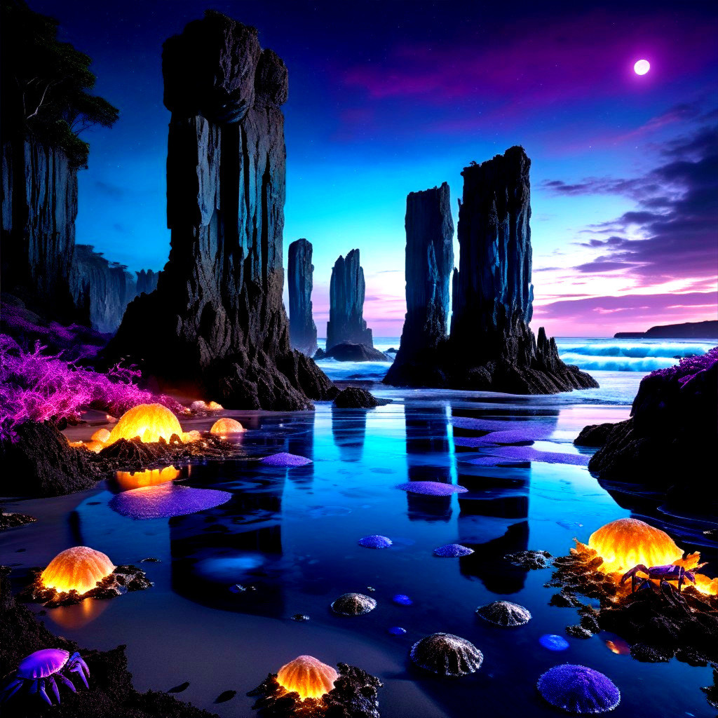 Surreal Coastal Landscape with Bioluminescent Jellyfish