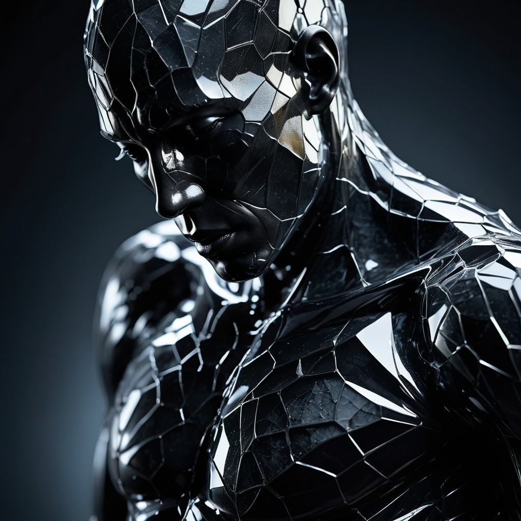 Hyper-realistic robotic figure with crystalline surface