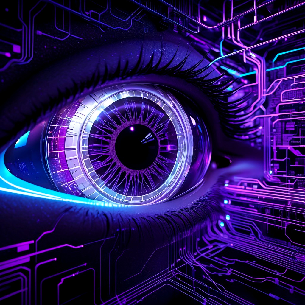Close-up of a futuristic eye with circuit patterns