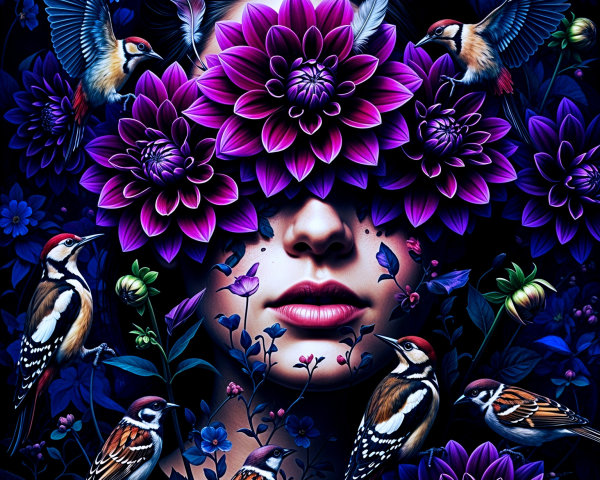 Woman with Covered Eyes Surrounded by Colorful Flora