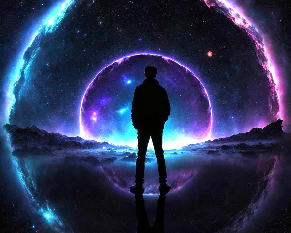 Solitary Figure in a Vibrant Cosmic Landscape