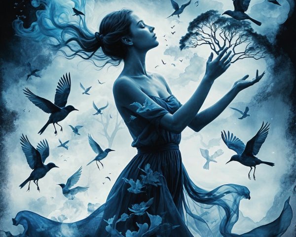 Woman in Blue Dress with Tree and Birds in Mist