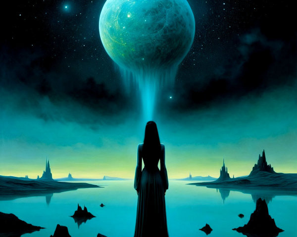 Silhouetted figure in an otherworldly landscape at night