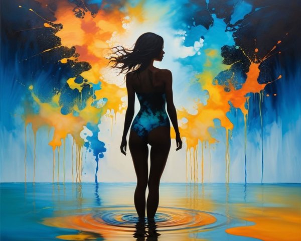 Silhouette of a Woman in Colorful Water Scene