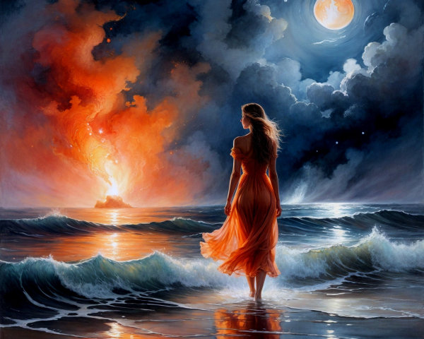 Serene figure in orange dress by dramatic water scene