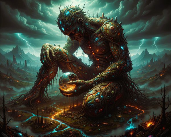 Moss-Covered Colossal Figure in Dramatic Landscape