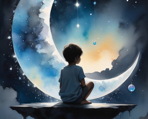 Watercolor Painting of Child Under Dreamy Night Sky