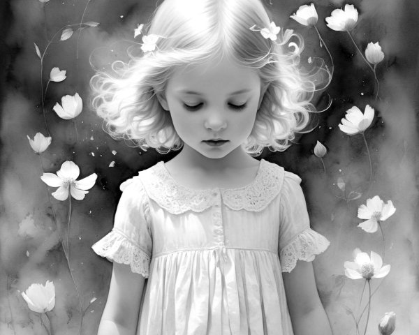 Young girl in white dress with flowers in serene setting