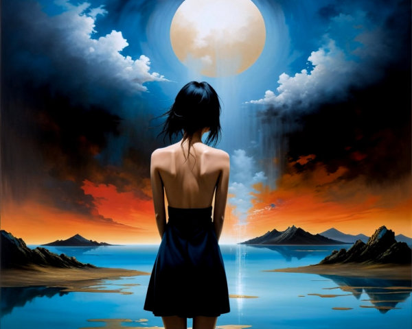Solitary Figure Overlooking Sunset Landscape and Moon