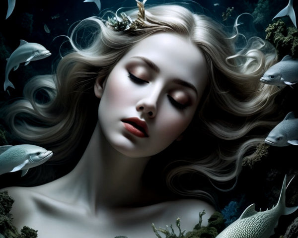 Underwater Scene with Young Woman and Marine Life