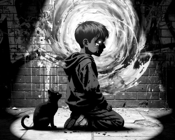Black and White Digital Painting of Child and Cat