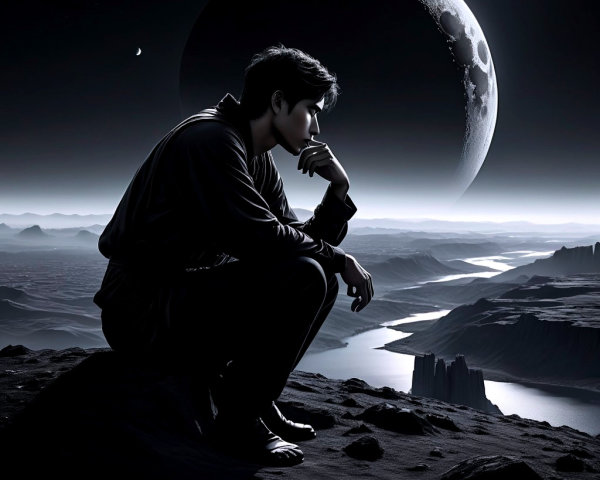 Contemplative Figure in Cosmic Rugged Landscape